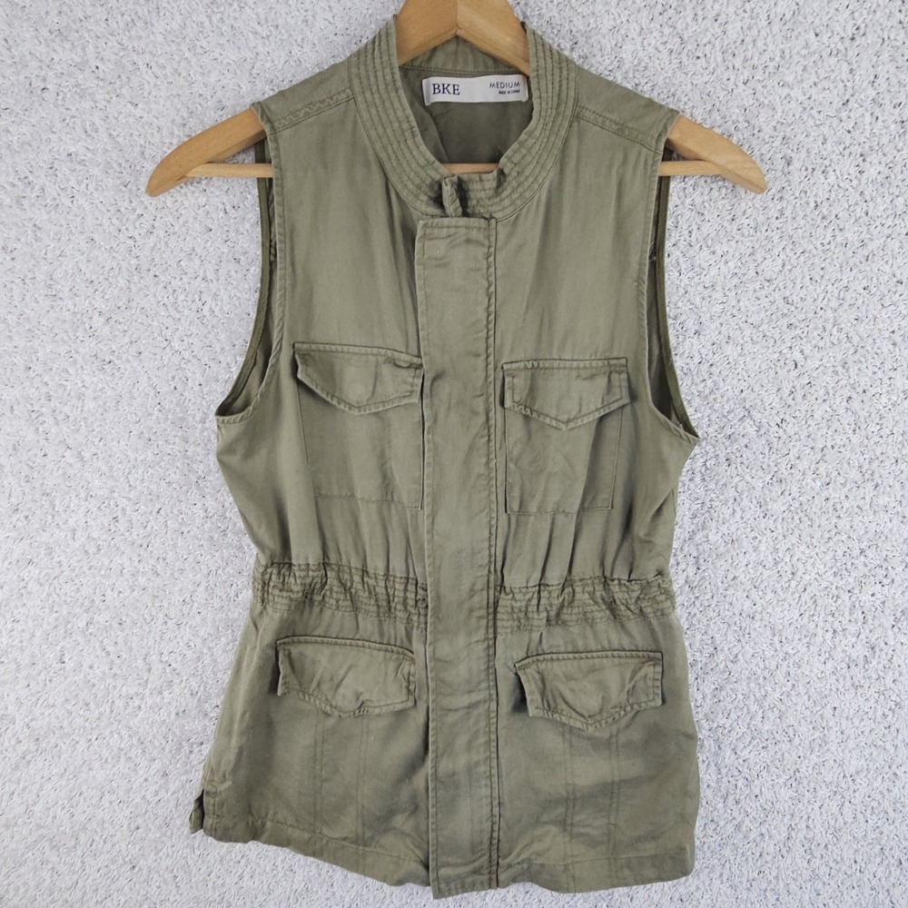 BKE Utility Military Vest‎ Sleeveless Pockets Full Zip Women's Medium Camo Green